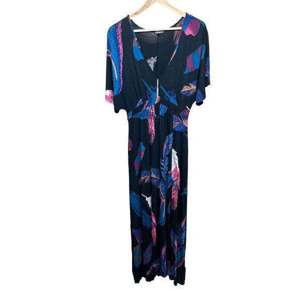 Express Maxi Dress Black Pink Feather Print V-Neck Front Slit Stretch Women’s XS - Picture 1 of 6